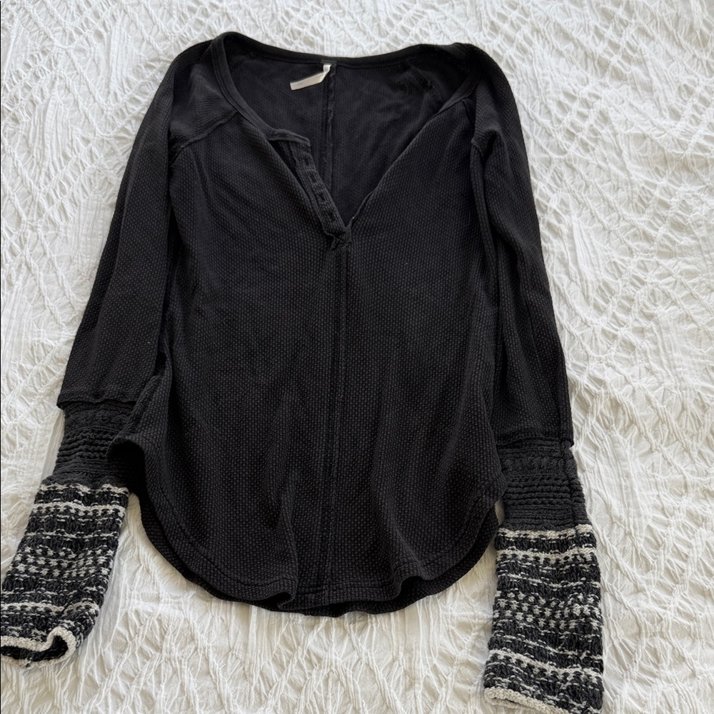 Free People Black Thermal Top with Patterned Knit Cuffs